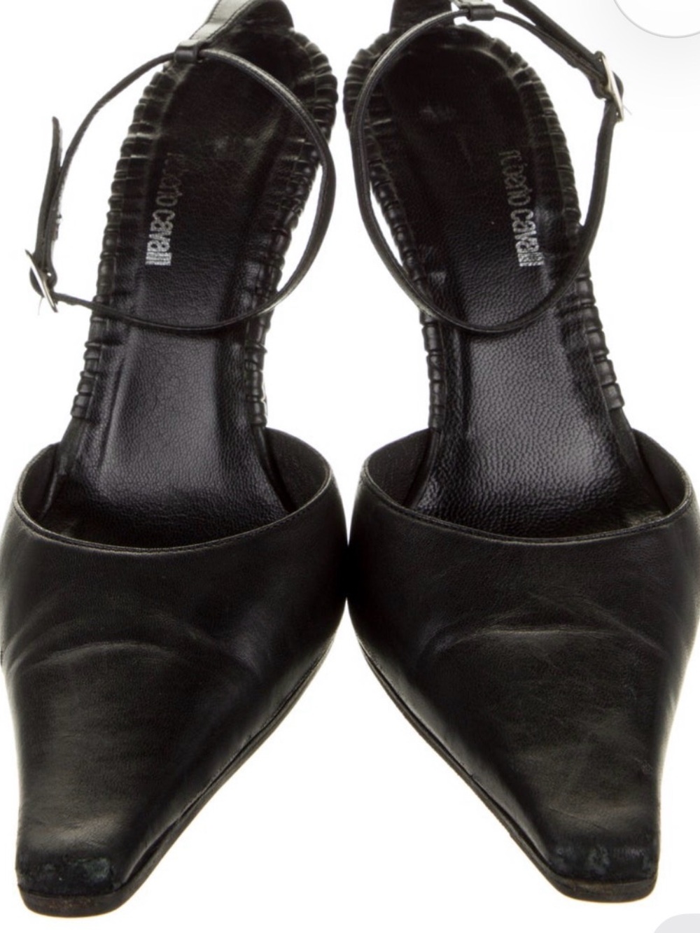 Authentic Roberto Cavalli Leather Pointed-Toe Ankle-Strap Pump with Red Heel - Picture 3 of 5